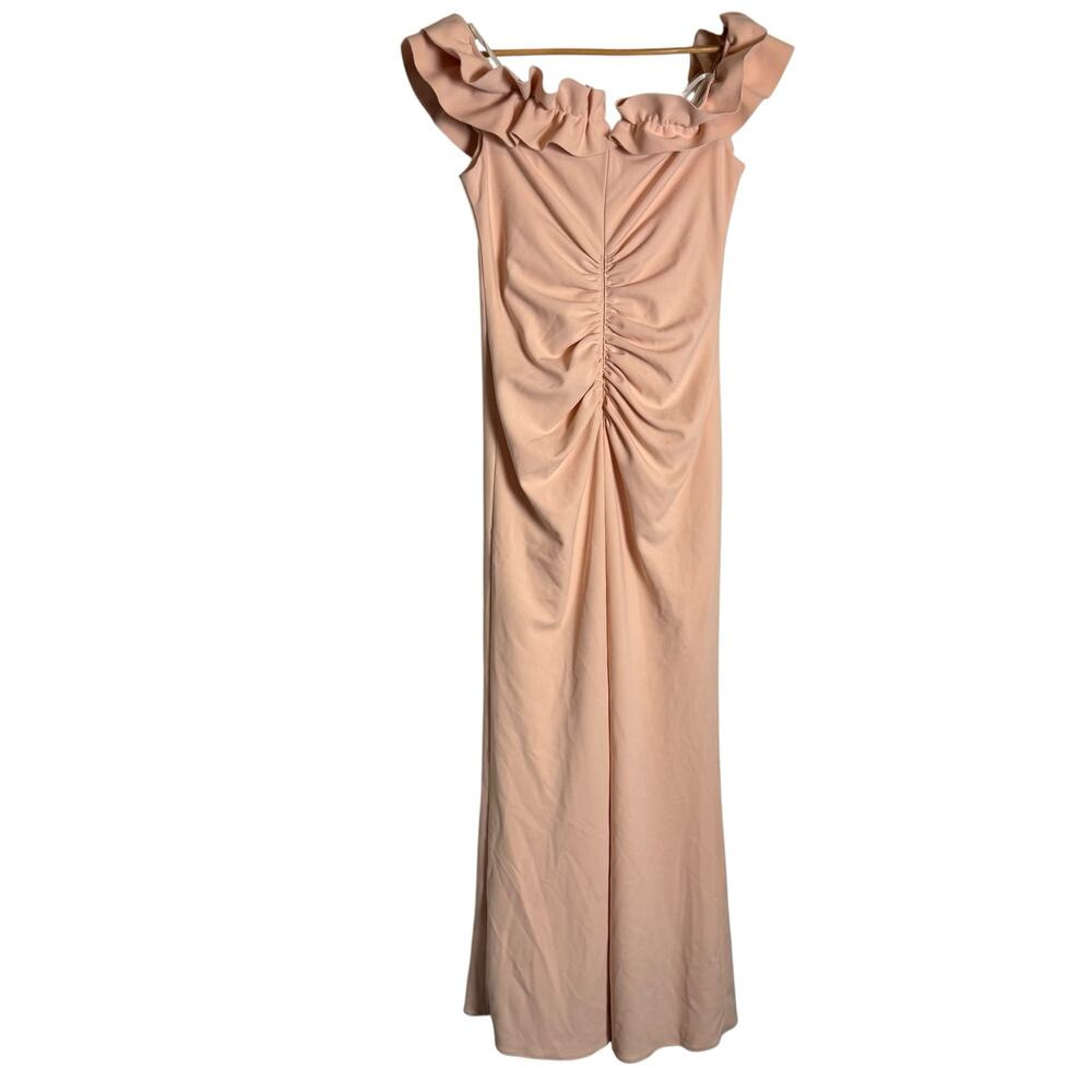 Xscape Blush Pink Long Stretch Scuba Crepe Ruffled Ruched Slit Formal Dress 14 - Picture 8 of 10